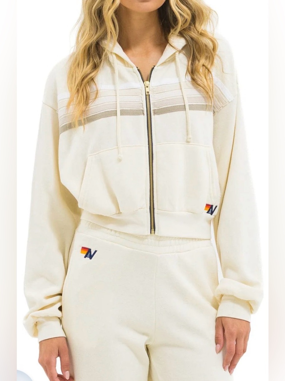 NWT AVIATOR NATION 5 Stripe Cropped Zip Hoodie- Vintage White/White Grey Size XL